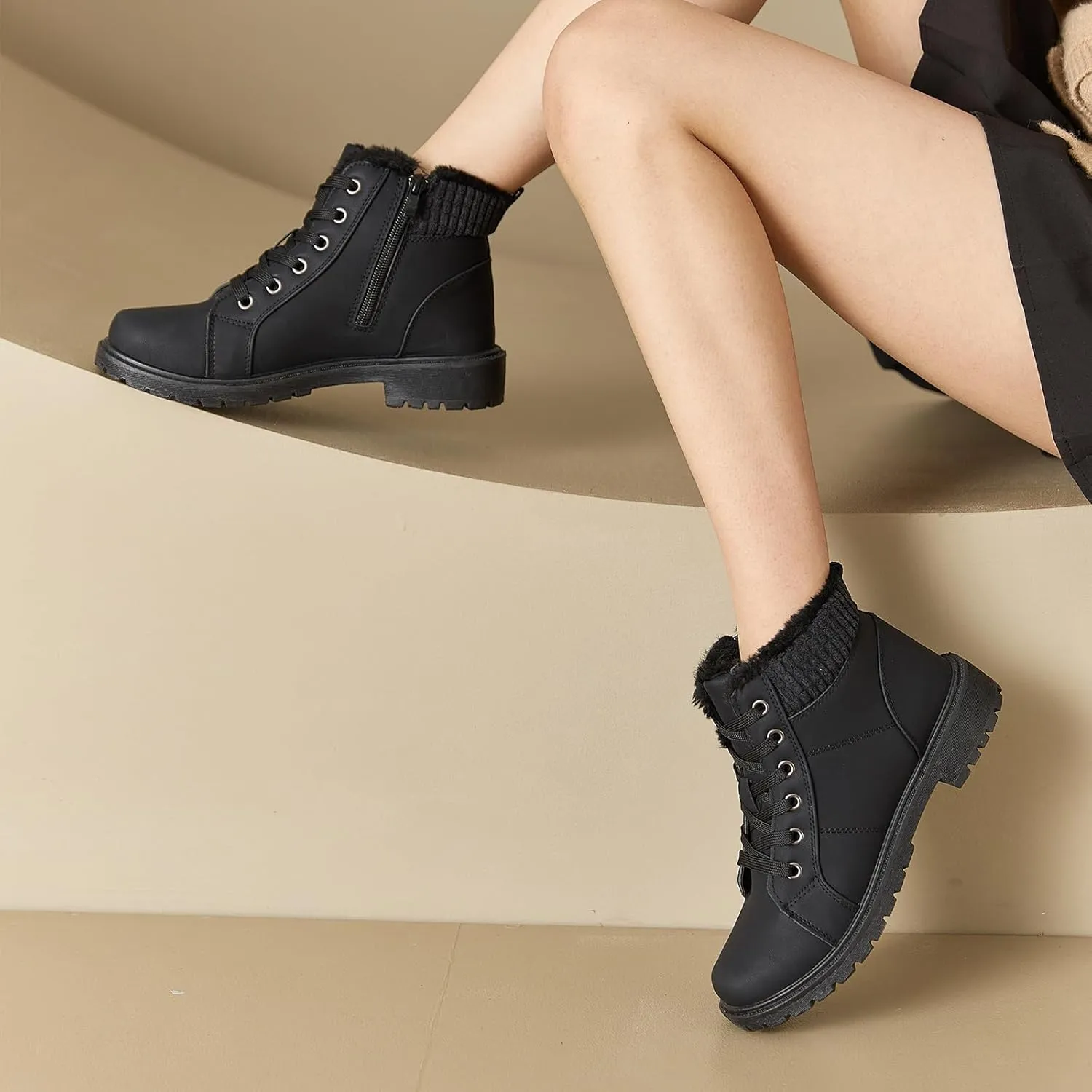 Uoidru Combat Boots For Women Ankle Booties Black Winter Snow Boots White Lace Up Boots Comfort Fuzzy Boot Side Zipper Short Boots (Warm,Non slip)