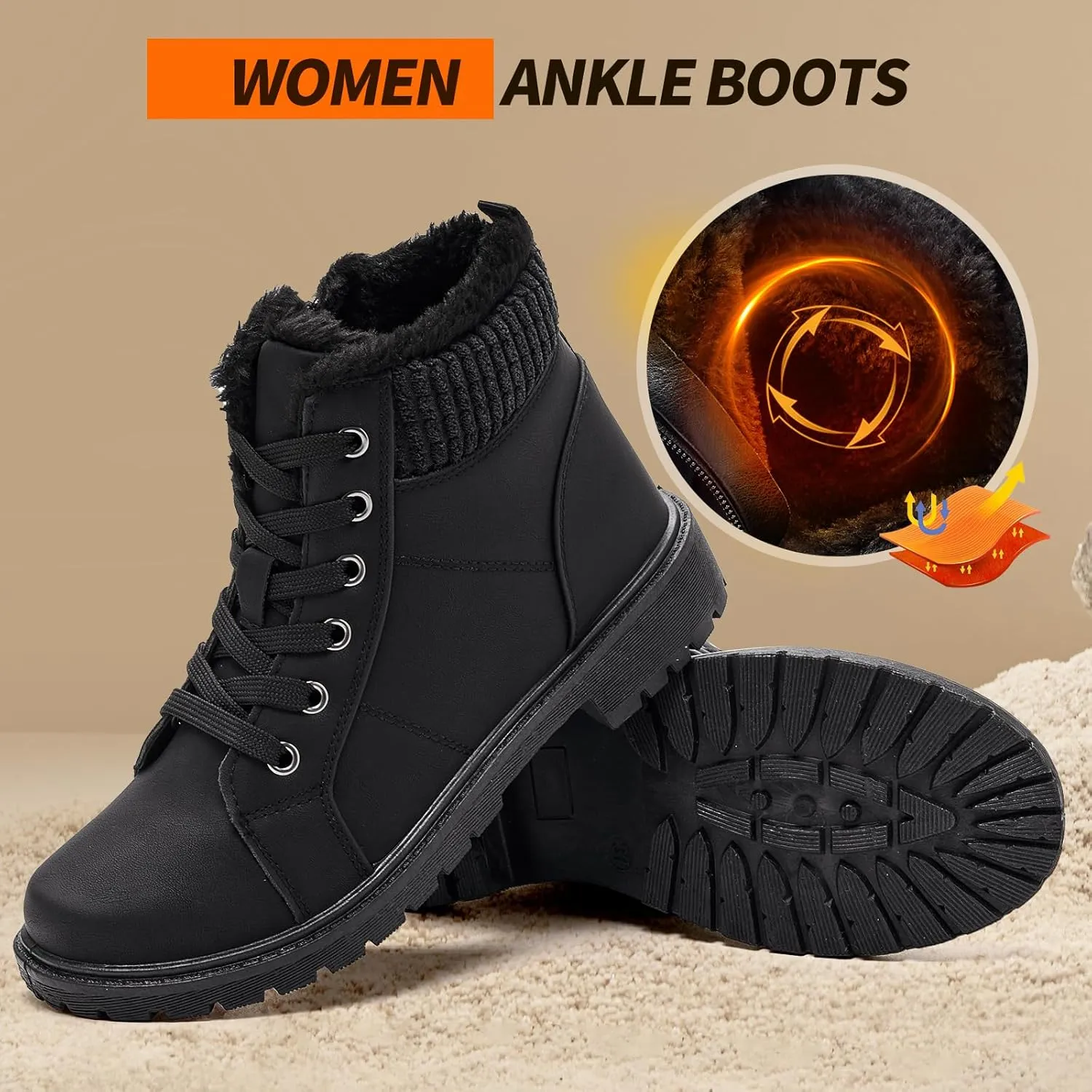 Uoidru Combat Boots For Women Ankle Booties Black Winter Snow Boots White Lace Up Boots Comfort Fuzzy Boot Side Zipper Short Boots (Warm,Non slip)