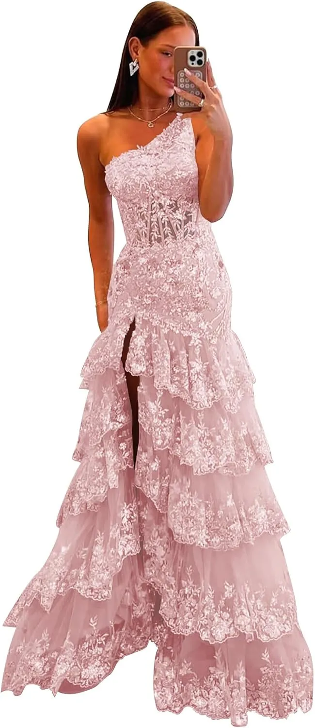 UZN One Shoulder Tiered Lace Tulle Prom Dress Long Split Mermaid Evening Formal Party Gowns