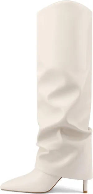 Vaslemuse Womens Fold Over Knee High Boots Stiletto High Heel Slouchy Tall Boots Pointed Toe Sexy Long Boots Fashion Dress Shoes with Side Zipper