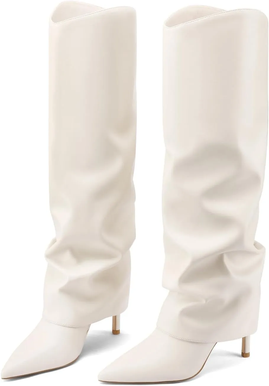 Vaslemuse Womens Fold Over Knee High Boots Stiletto High Heel Slouchy Tall Boots Pointed Toe Sexy Long Boots Fashion Dress Shoes with Side Zipper