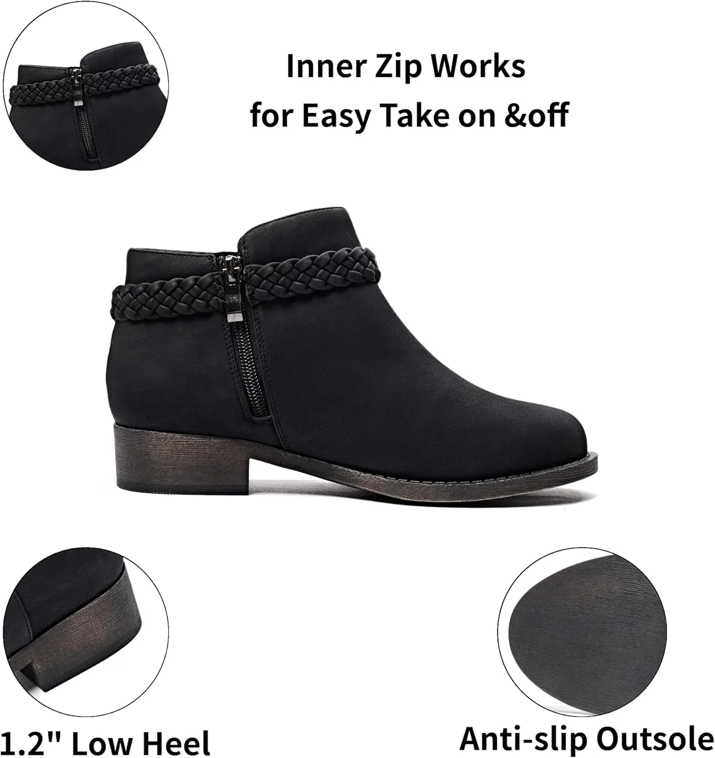 Veittes Women's Ankle Boots - Classic Side Zip, Comfortable Platform, Cover with Buckle Strap, Round Toe, Low Chunky Heel Comfort Slip On Fashion (Black/Dark Brown/Grey) Boots.