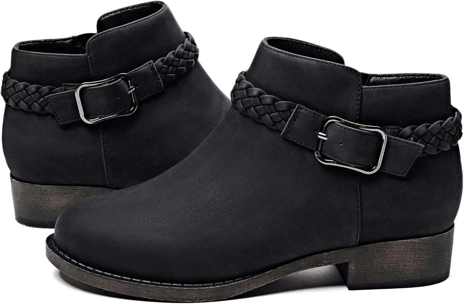 Veittes Women's Ankle Boots - Classic Side Zip, Comfortable Platform, Cover with Buckle Strap, Round Toe, Low Chunky Heel Comfort Slip On Fashion (Black/Dark Brown/Grey) Boots.