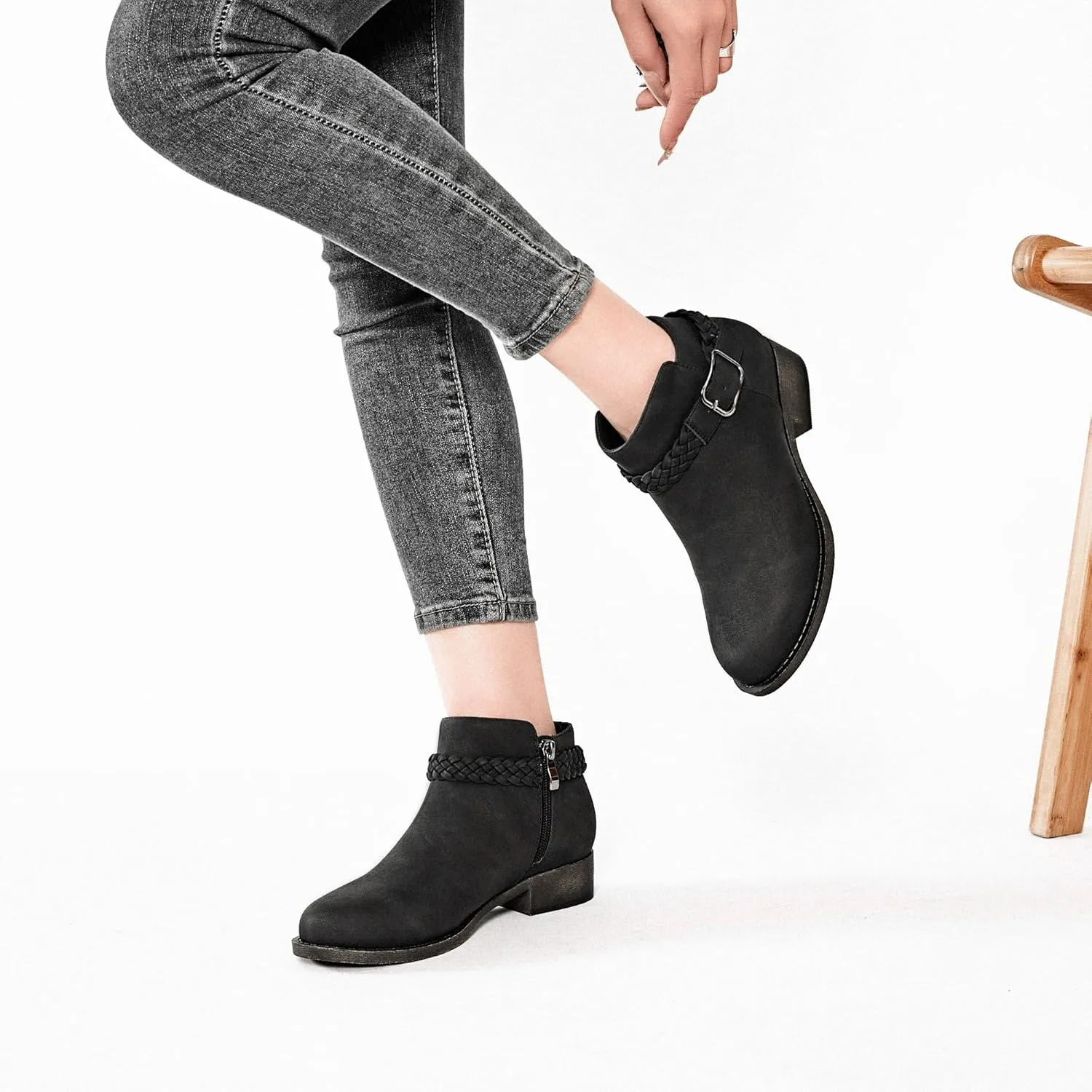 Veittes Women's Ankle Boots - Classic Side Zip, Comfortable Platform, Cover with Buckle Strap, Round Toe, Low Chunky Heel Comfort Slip On Fashion (Black/Dark Brown/Grey) Boots.