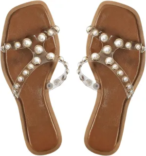 Verdusa Women's Pearl Clear Sandals Cut Out Transparent Slide Sandals