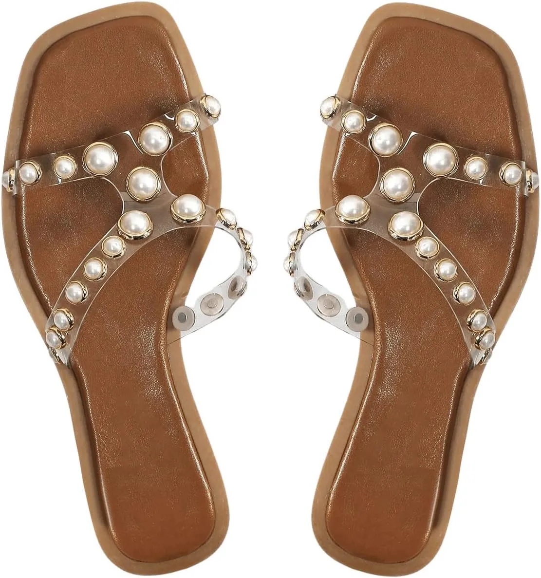 Verdusa Women's Pearl Clear Sandals Cut Out Transparent Slide Sandals