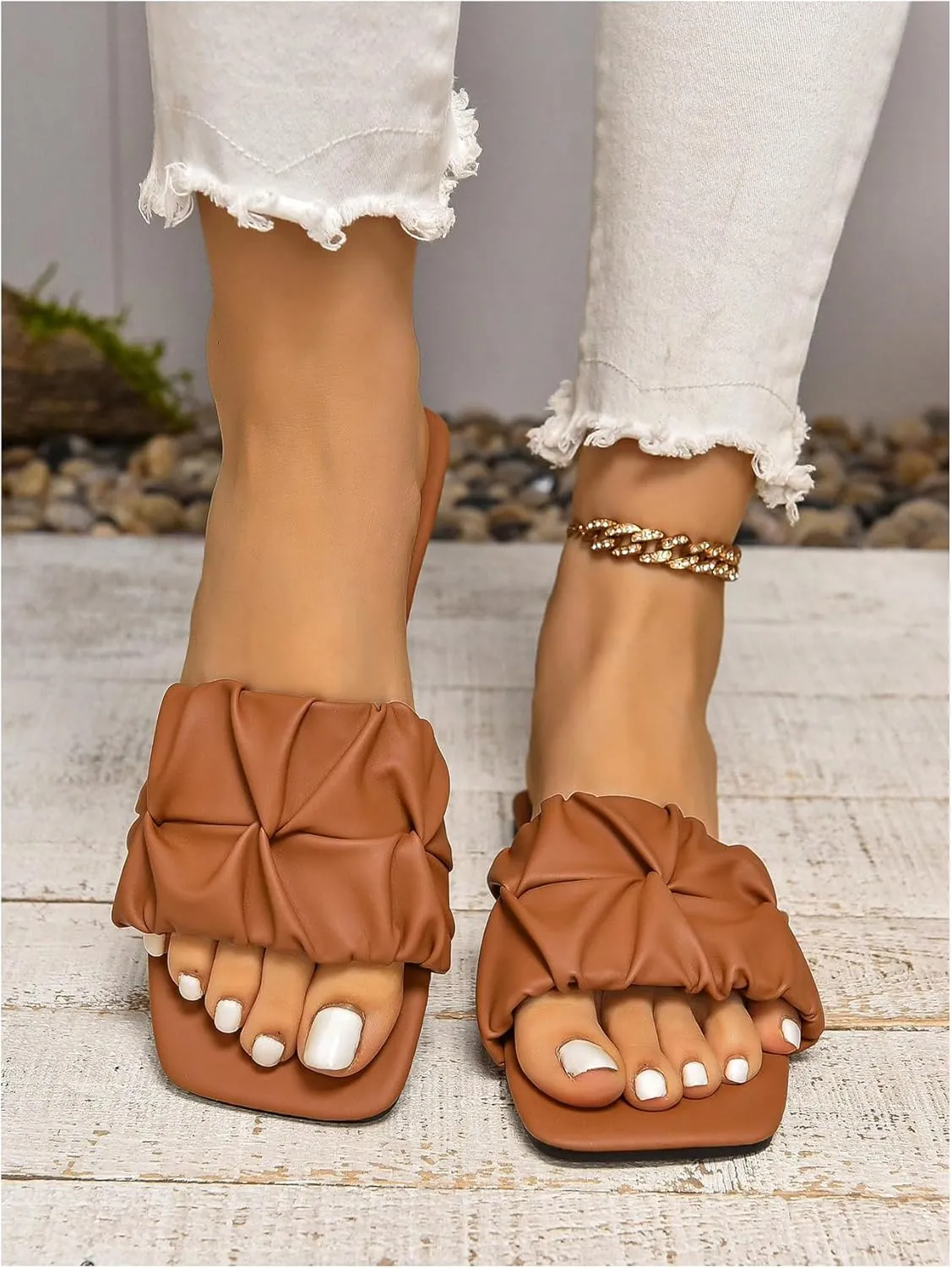 Verdusa Women's Square Toe Pleated Slide Sandals Summer Sandals Slippers