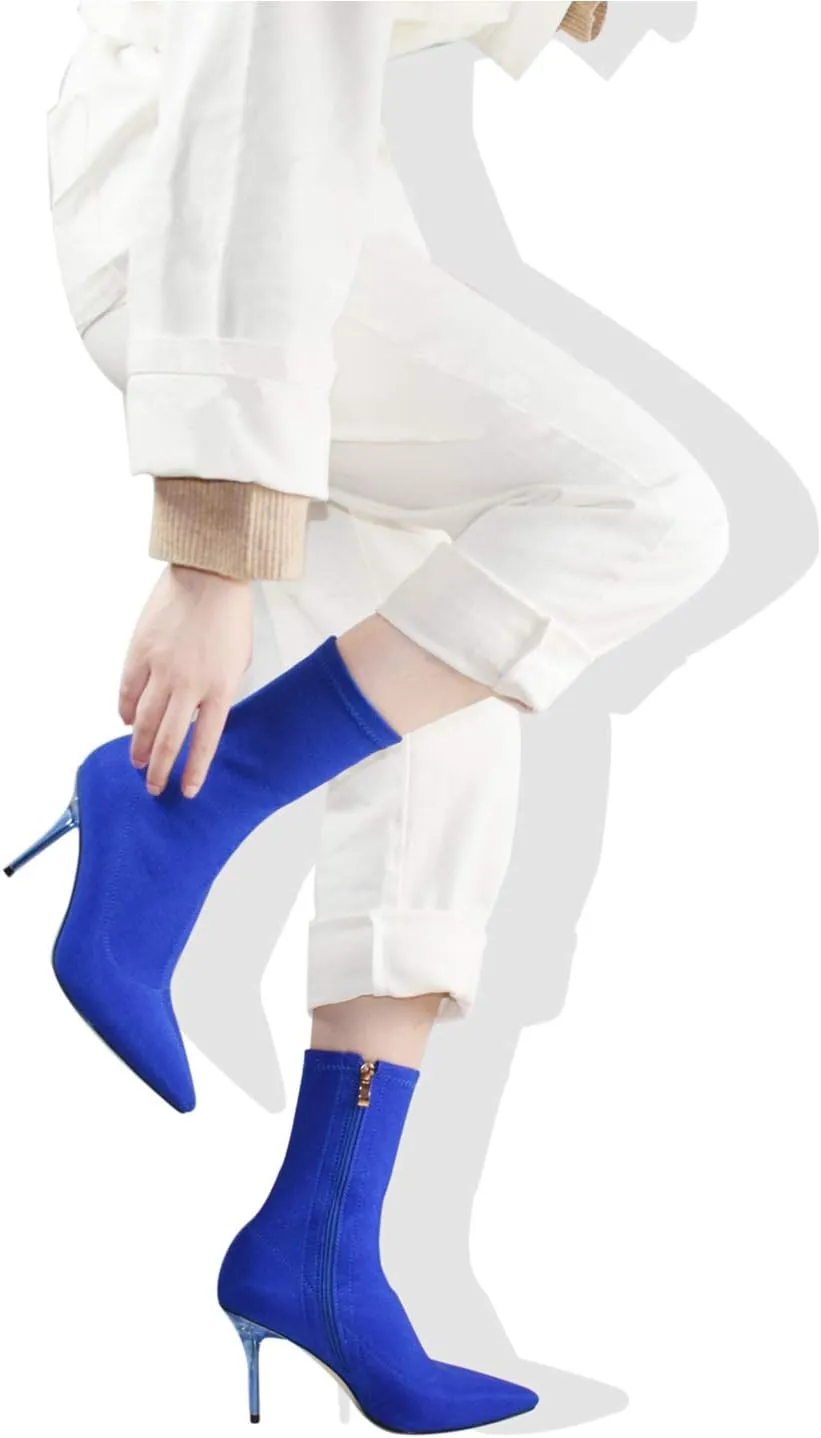 vivianly Stretch Pointed Toe Sock Booties Mid-Calf Ankle Boot Stiletto Heel Boots for Women