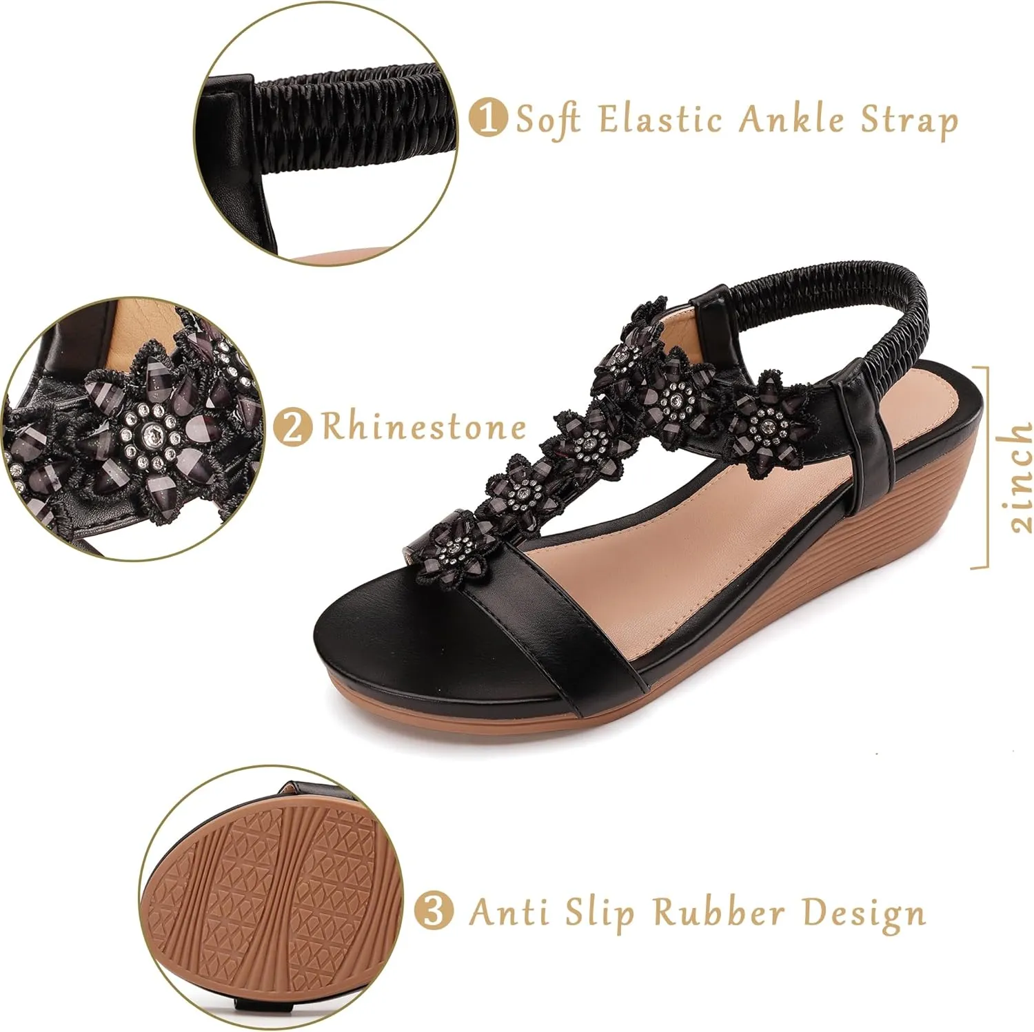 Wedge Sandals for Women Dress Elastic Ankle Strap Rhinestone Sandals Summer Comfortable Shoe