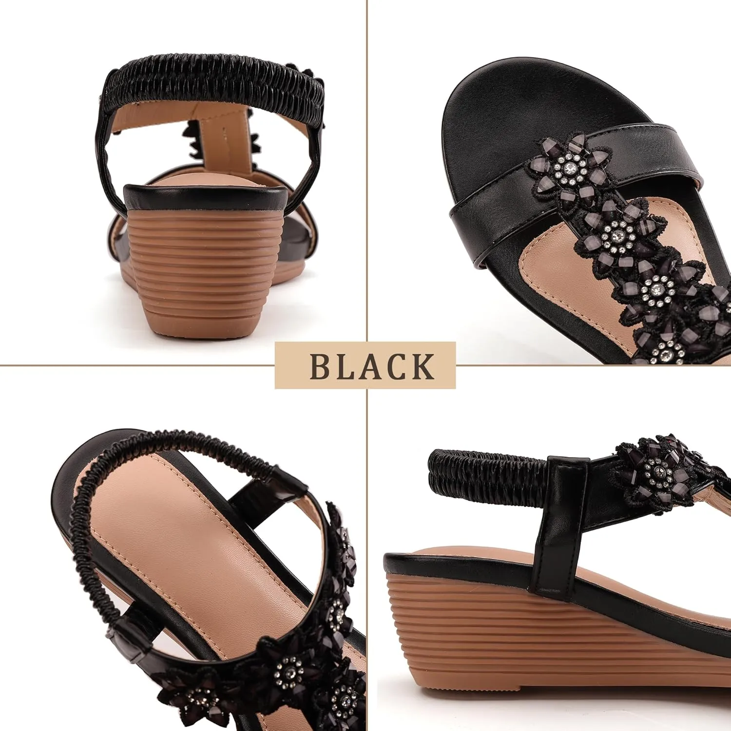 Wedge Sandals for Women Dress Elastic Ankle Strap Rhinestone Sandals Summer Comfortable Shoe