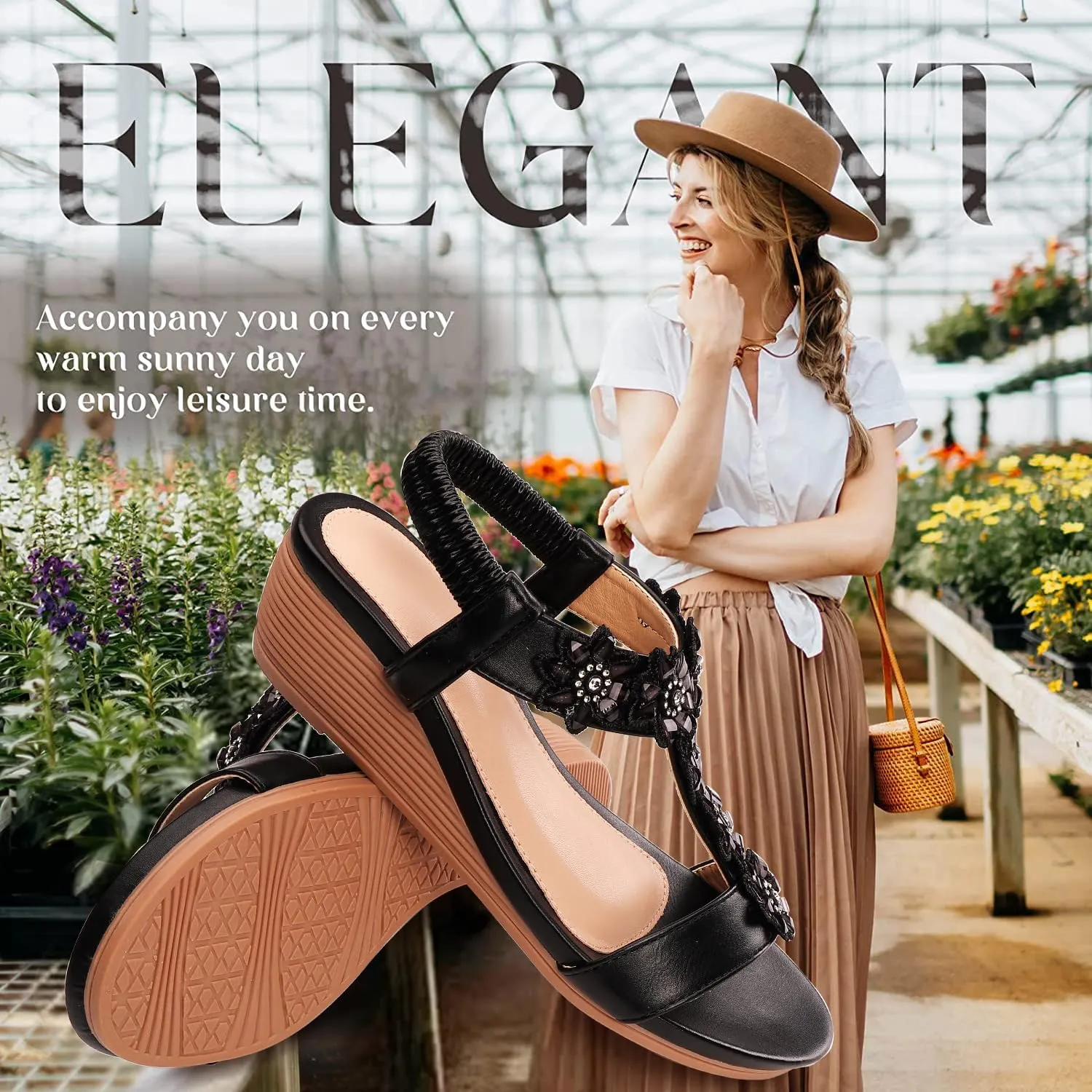 Wedge Sandals for Women Dress Elastic Ankle Strap Rhinestone Sandals Summer Comfortable Shoe