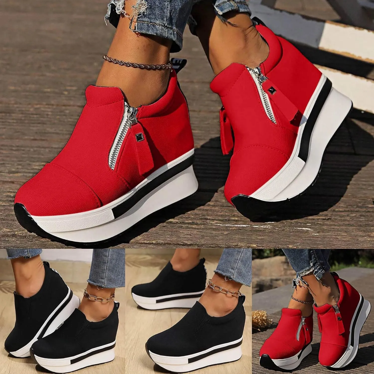 Wedge Sneakers for Women, Womens Casual Booties. Platform Boots Black Soft Sole Sneakers Thick Sole Zipper Shoes