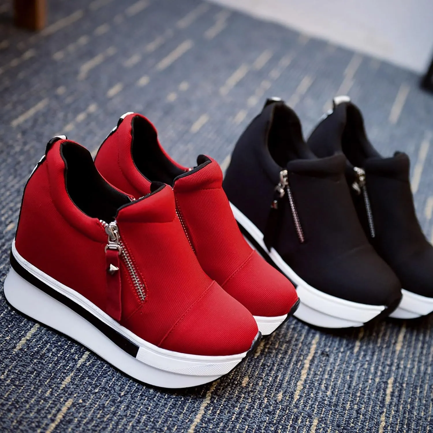 Wedge Sneakers for Women, Womens Casual Booties. Platform Boots Black Soft Sole Sneakers Thick Sole Zipper Shoes