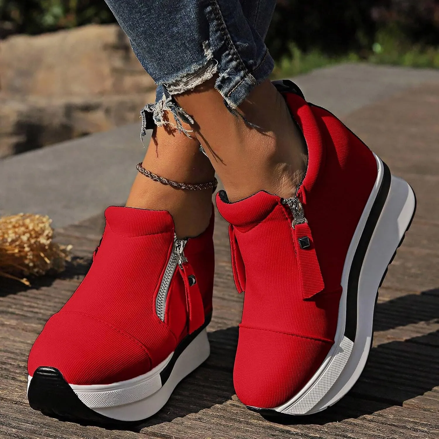 Wedge Sneakers for Women, Womens Casual Booties. Platform Boots Black Soft Sole Sneakers Thick Sole Zipper Shoes
