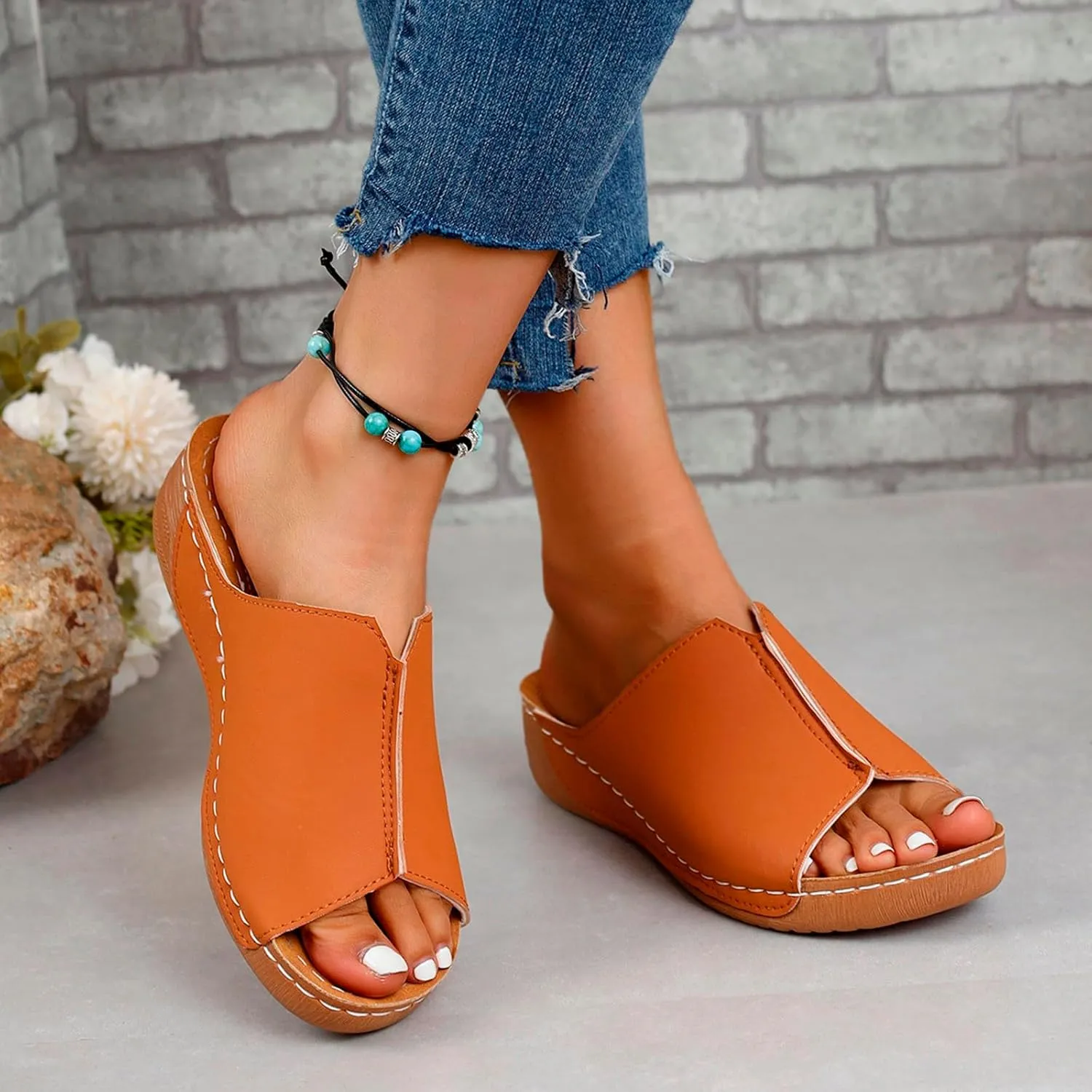 Wedges Sandals for Women Damping Sole Upgradation Stretch Low Heel Slippers Rubber Sole Arch Support Cushion Slides Sandals Slip on Going Out Dressy Comfortable Summer Beach Walking