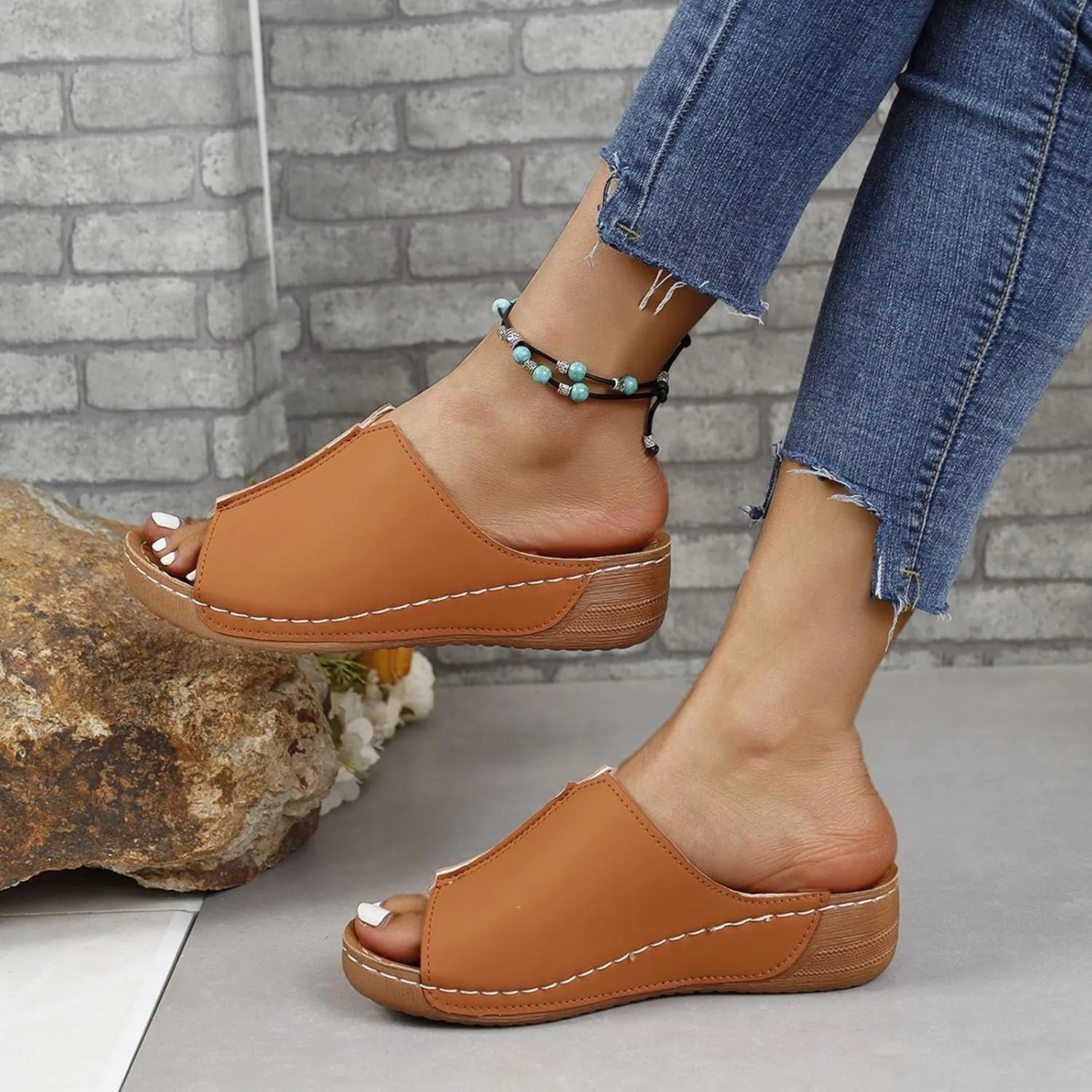 Wedges Sandals for Women Damping Sole Upgradation Stretch Low Heel Slippers Rubber Sole Arch Support Cushion Slides Sandals Slip on Going Out Dressy Comfortable Summer Beach Walking