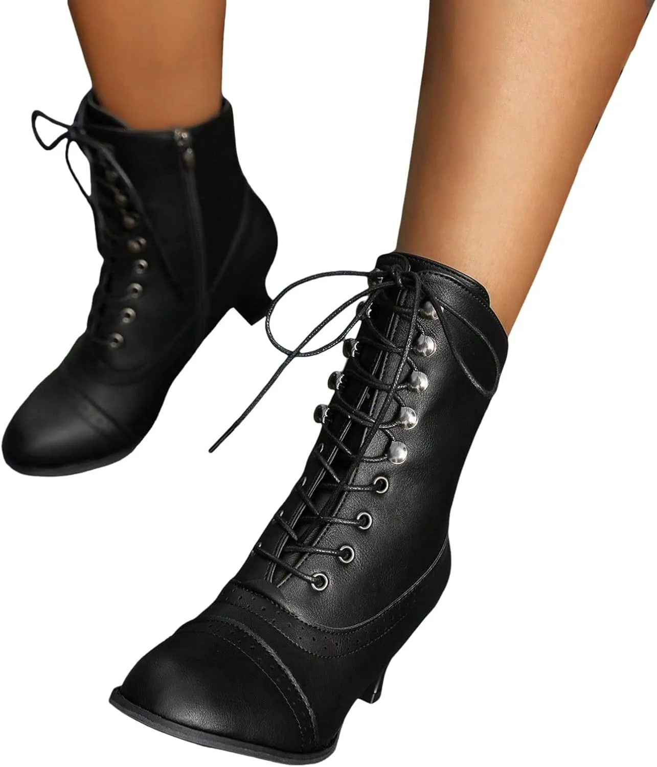 Western Cowboy Boots for Women Kitten Heel,Victorian Mid Calf Boot Lace Up Ankle Booties Comfy Walking Dressy Shoes