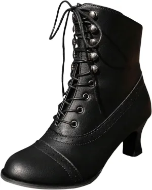 Western Cowboy Boots for Women Kitten Heel,Victorian Mid Calf Boot Lace Up Ankle Booties Comfy Walking Dressy Shoes