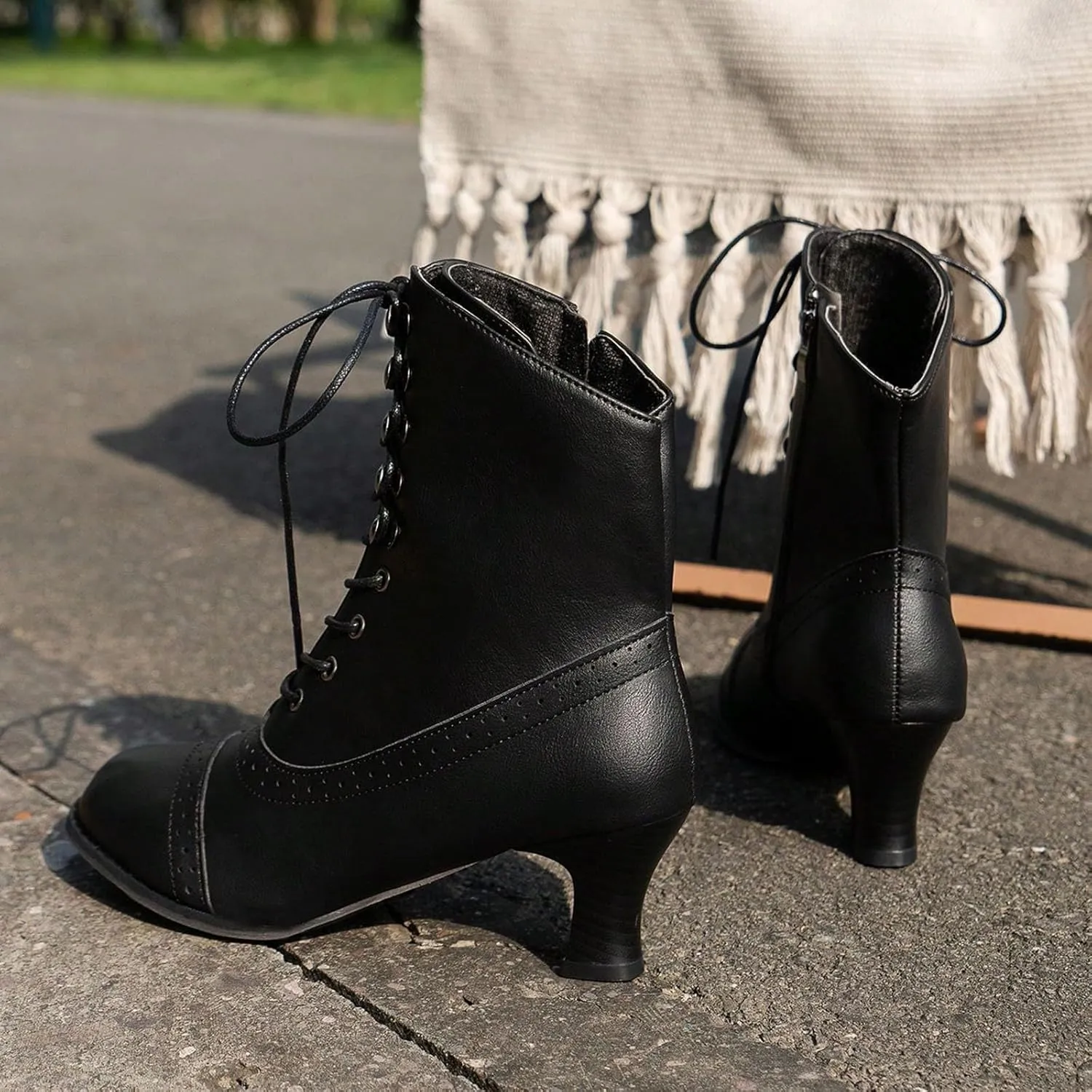 Western Cowboy Boots for Women Kitten Heel,Victorian Mid Calf Boot Lace Up Ankle Booties Comfy Walking Dressy Shoes