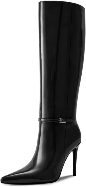 wetkiss Knee High Boots for Women with Pointed Toe, Long Faux Leather Stiletto High Heel Boots for Women, Fashion and Sexy