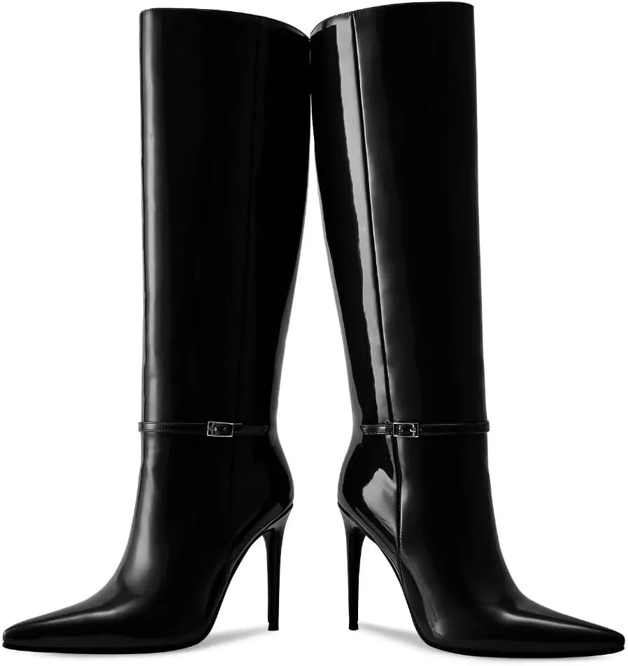 wetkiss Knee High Boots for Women with Pointed Toe, Long Faux Leather Stiletto High Heel Boots for Women, Fashion and Sexy