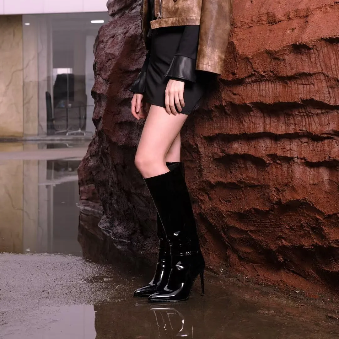 wetkiss Knee High Boots for Women with Pointed Toe, Long Faux Leather Stiletto High Heel Boots for Women, Fashion and Sexy