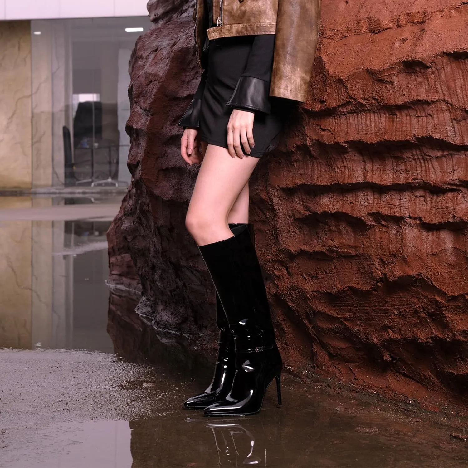 wetkiss Knee High Boots for Women with Pointed Toe, Long Faux Leather Stiletto High Heel Boots for Women, Fashion and Sexy