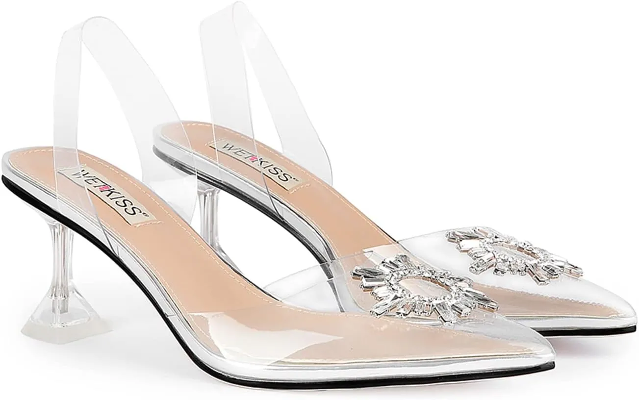 wetkiss Silver Heels for Bride - Sparkly Wedding Heels with Rhinestones, Strappy Closed Toe Pumps for Women, Formal Shoes