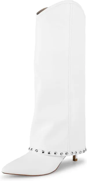 wetkiss White Knee High Boots for Women White Fold Over Boots for Women Knee High Fold Over Shark Boots Knee High Stiletto Pointed Toe Boots Tall Boots White Thigh High Boots Wide Calf Long Boots