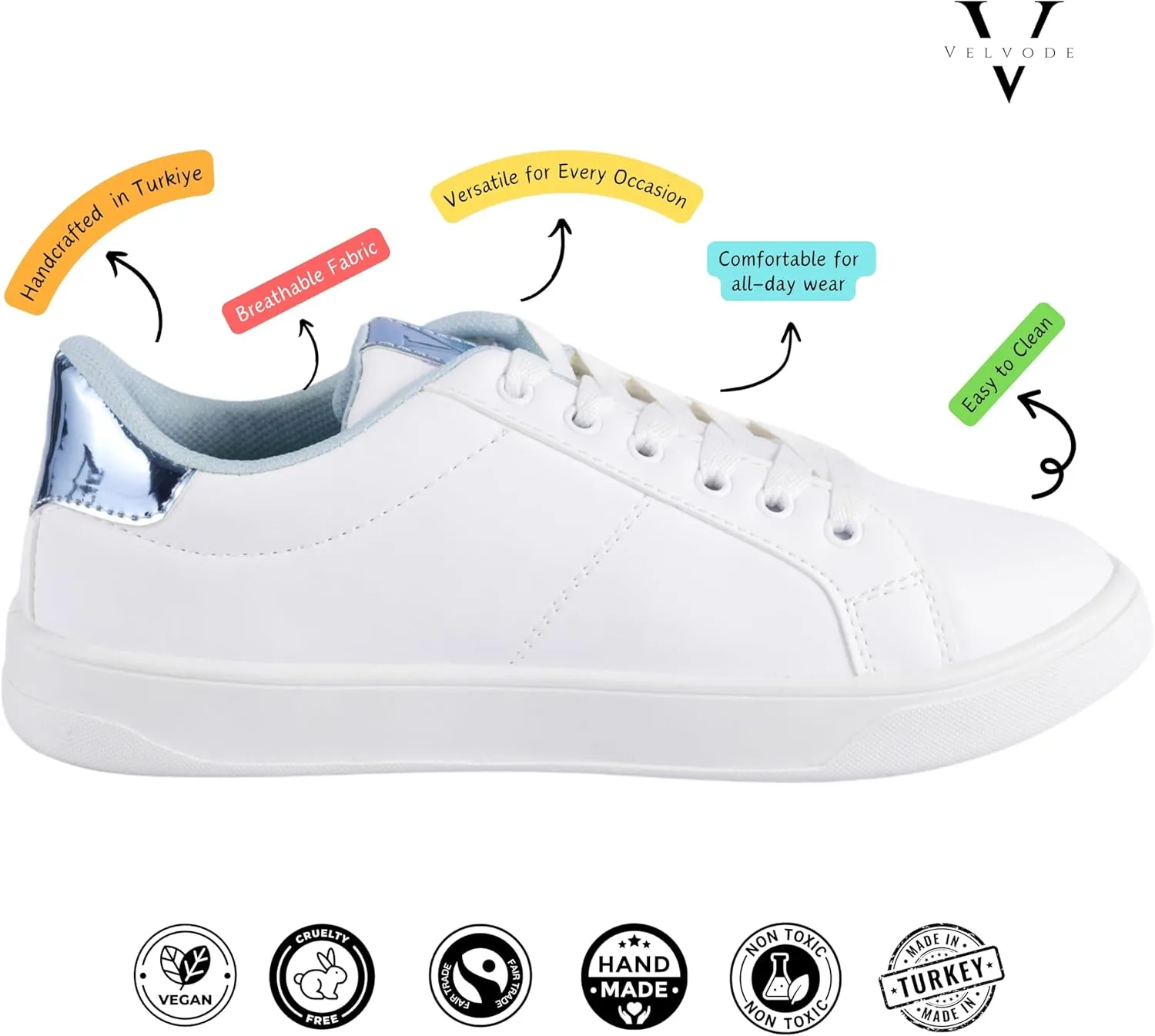 White Sneakers for Women with Comfortable Memory Foam Insoles, Easy to Clean and Durable Synthetic Leather, Versatile for Casual, Business, or Travel, Stylish and Vegan-Friendly Footwear
