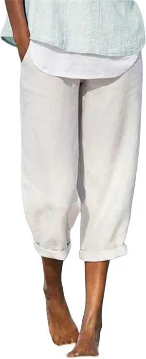Wide Leg Linen Pants for Women Casual Summer Capris Cotton Linen Palazzo Pants Baggy Trousers with Pockets