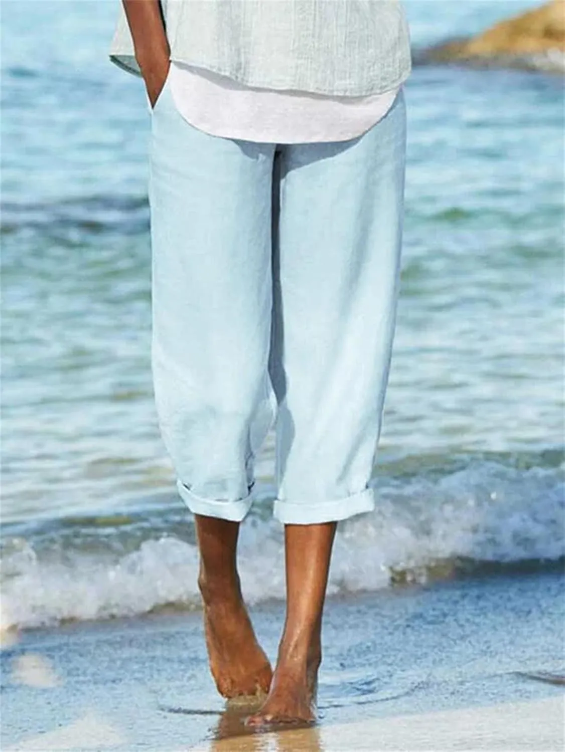 Wide Leg Linen Pants for Women Casual Summer Capris Cotton Linen Palazzo Pants Baggy Trousers with Pockets