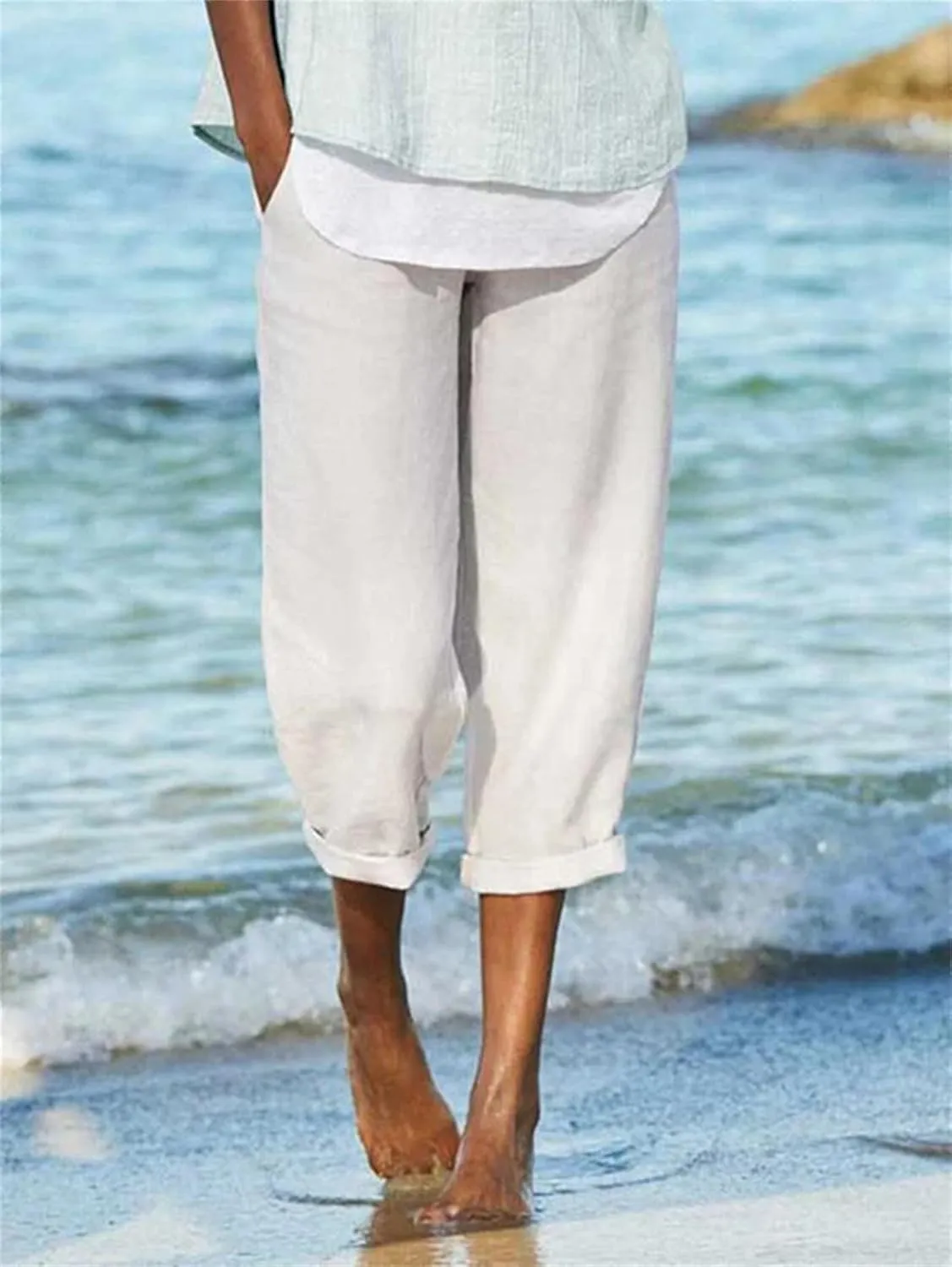 Wide Leg Linen Pants for Women Casual Summer Capris Cotton Linen Palazzo Pants Baggy Trousers with Pockets