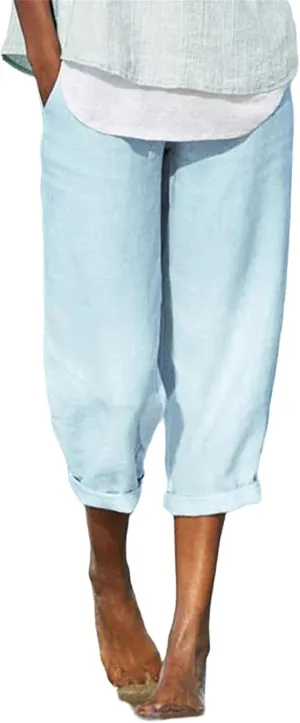 Wide Leg Linen Pants for Women Casual Summer Capris Cotton Linen Palazzo Pants Baggy Trousers with Pockets