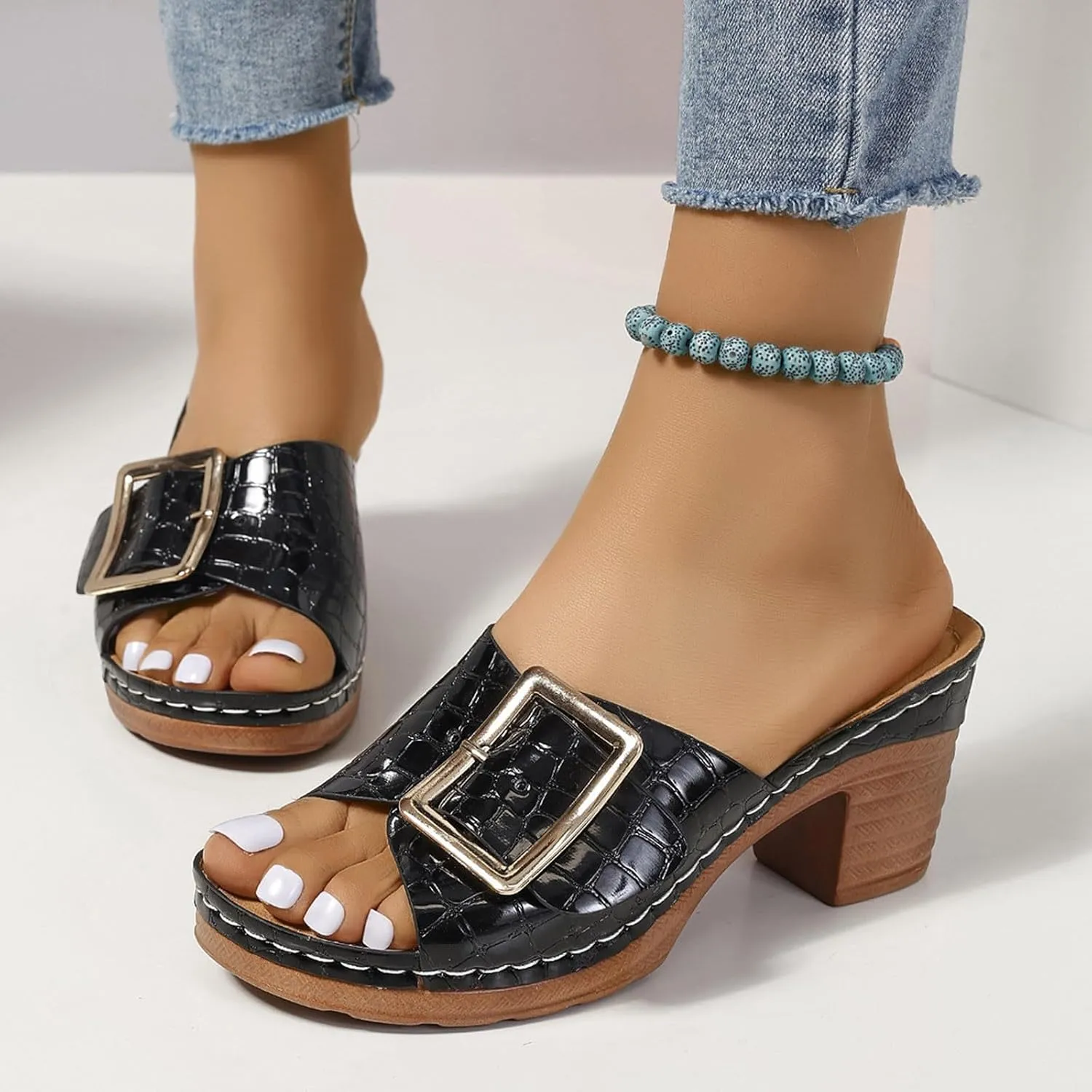 Women Big Buckle Business Slipper Fish Mouth Hook and Eye Sandals Trendy Crocodile pattern High Heel Rubber Sole Shoe