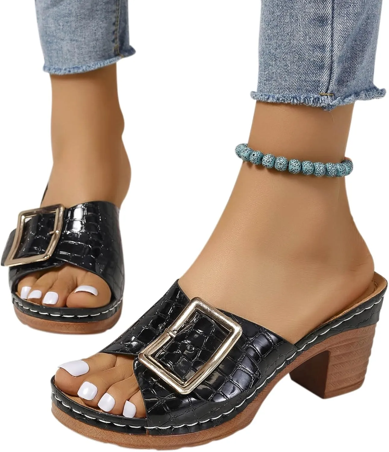 Women Big Buckle Business Slipper Fish Mouth Hook and Eye Sandals Trendy Crocodile pattern High Heel Rubber Sole Shoe