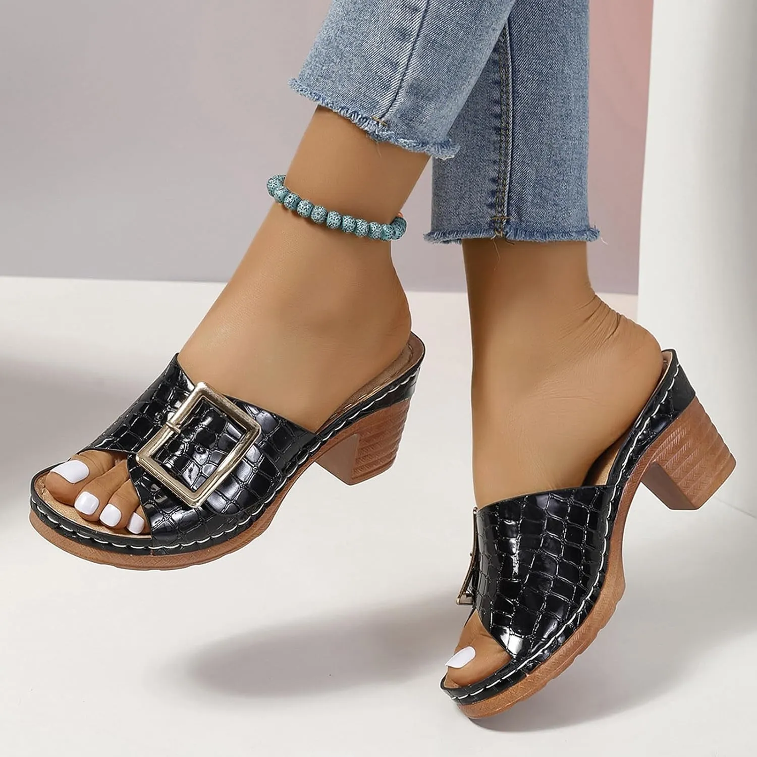 Women Big Buckle Business Slipper Fish Mouth Hook and Eye Sandals Trendy Crocodile pattern High Heel Rubber Sole Shoe