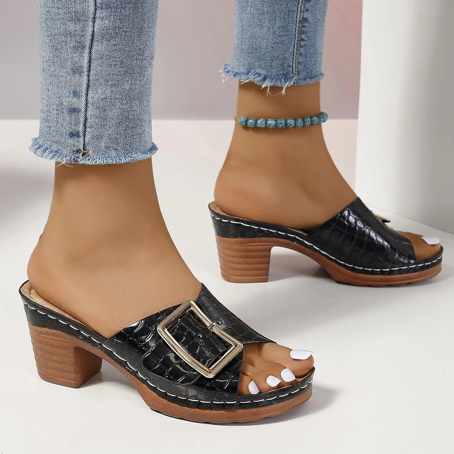 Women Big Buckle Business Slipper Fish Mouth Hook and Eye Sandals Trendy Crocodile pattern High Heel Rubber Sole Shoe