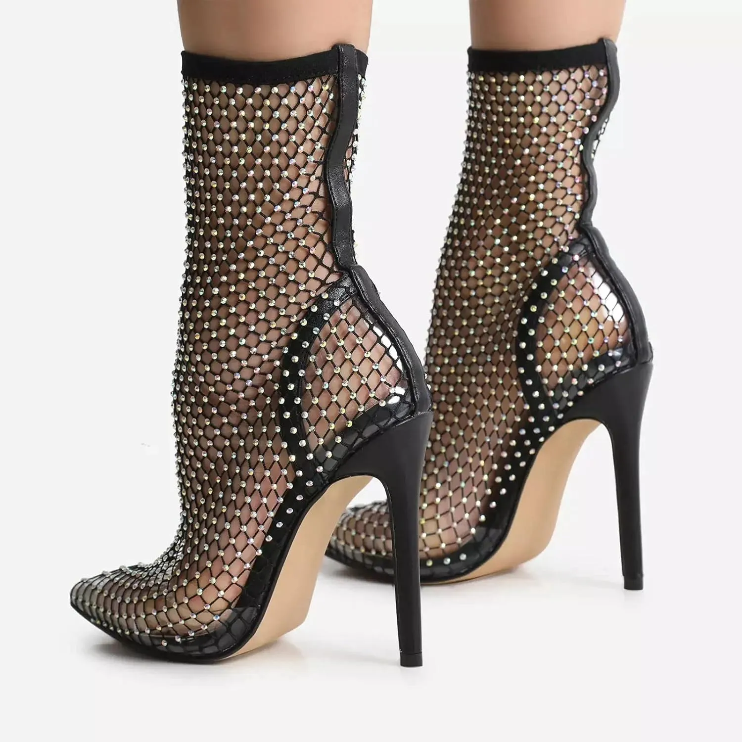 Women Bling Rhinestones Multi Colour Diamante Detail Stiletto Heel Ankle Sock Boot In Black Fishnet Pointed Toe Heeled Sandals Shoes