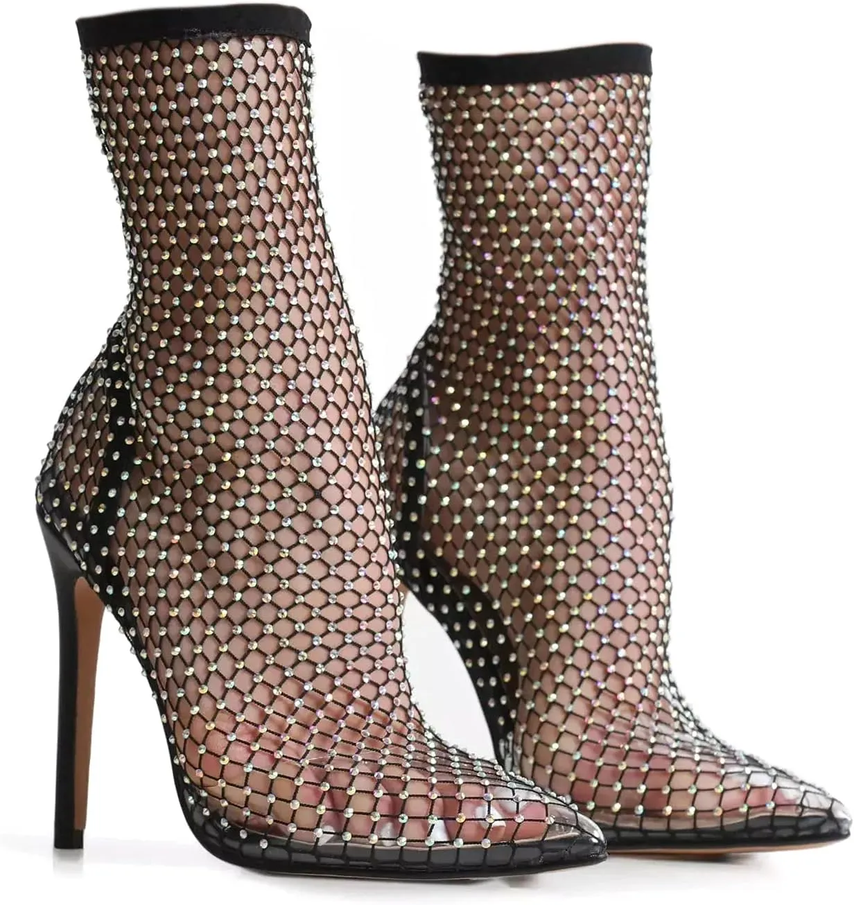 Women Bling Rhinestones Multi Colour Diamante Detail Stiletto Heel Ankle Sock Boot In Black Fishnet Pointed Toe Heeled Sandals Shoes