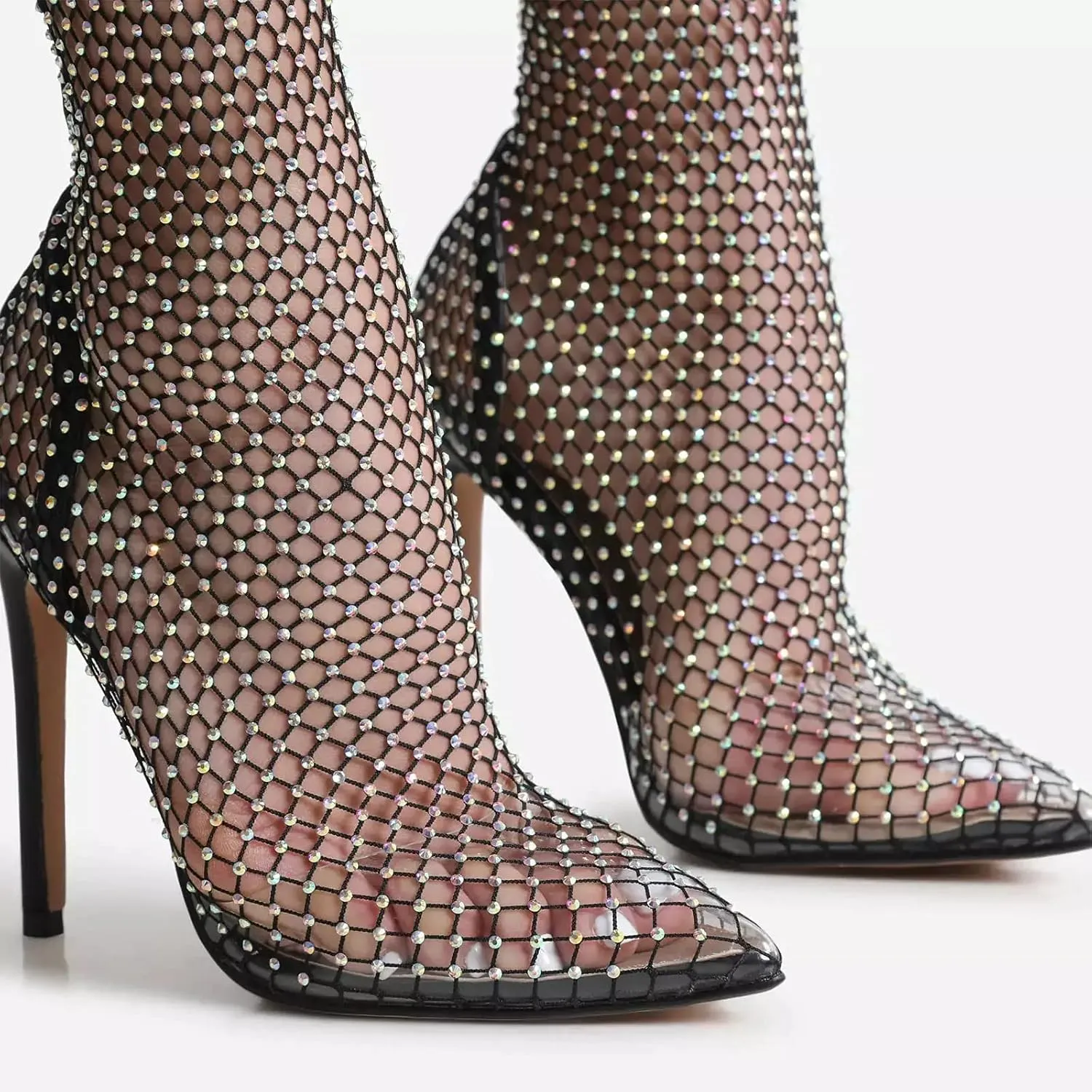 Women Bling Rhinestones Multi Colour Diamante Detail Stiletto Heel Ankle Sock Boot In Black Fishnet Pointed Toe Heeled Sandals Shoes