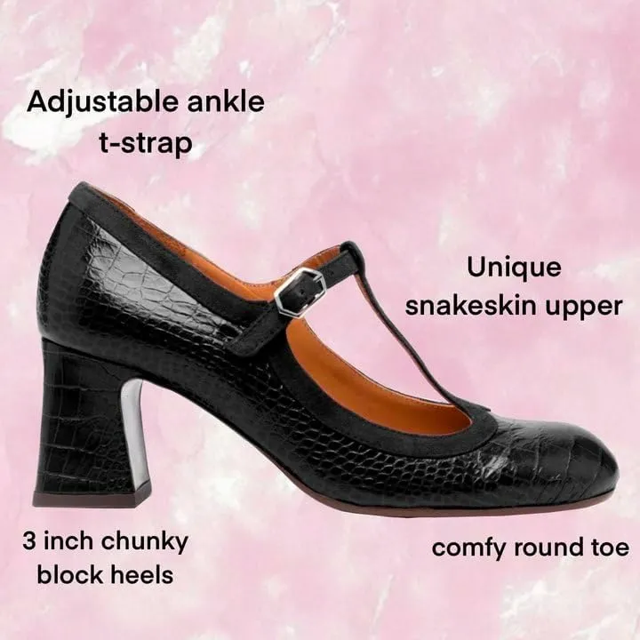 Women Chunky Heel Mary Janes Pumps Crocodile Closed Round Toe Ankle T-Strap Mary Janes Cut Out 3 inch Block Heel Sandals Buckle Strap Stone Pattern Vintage Wedding 4-11 M US