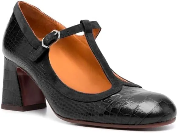 Women Chunky Heel Mary Janes Pumps Crocodile Closed Round Toe Ankle T-Strap Mary Janes Cut Out 3 inch Block Heel Sandals Buckle Strap Stone Pattern Vintage Wedding 4-11 M US