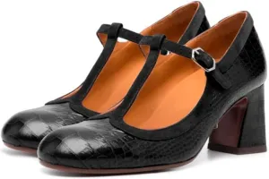 Women Chunky Heel Mary Janes Pumps Crocodile Closed Round Toe Ankle T-Strap Mary Janes Cut Out 3 inch Block Heel Sandals Buckle Strap Stone Pattern Vintage Wedding 4-11 M US