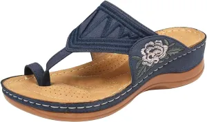Women Comfortable Wedge Flip Flop Orthopedic Sandals Summer Casual Flower Embroidered Thong Clip Toe Slip-on Slipper Ergonomic Soles Slides Beach Shoes