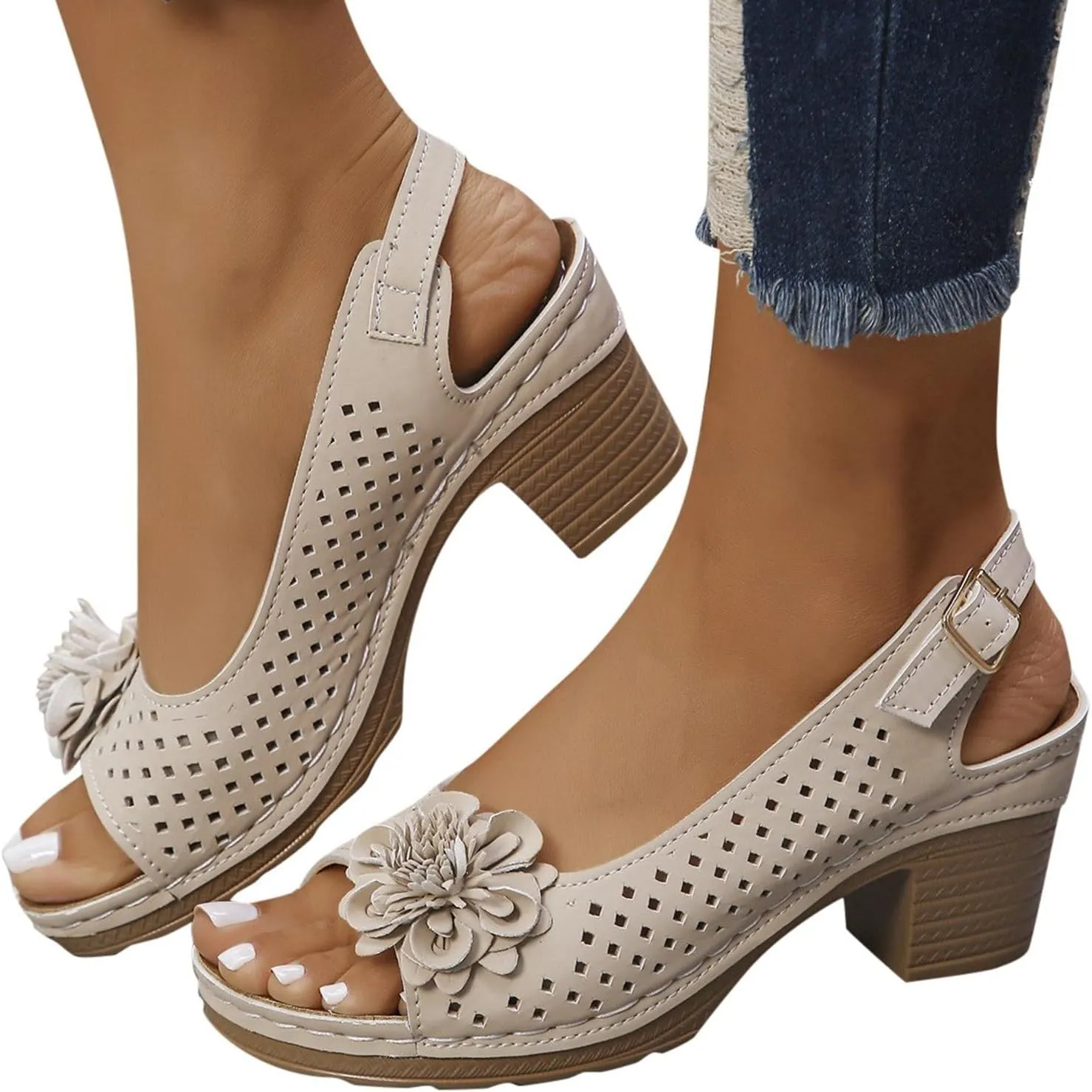 Women Comfy Casual Shoe Open Toe Hollow Flower Wedge Heel Slippers Sandals Flip Flops Women 8 Sandals