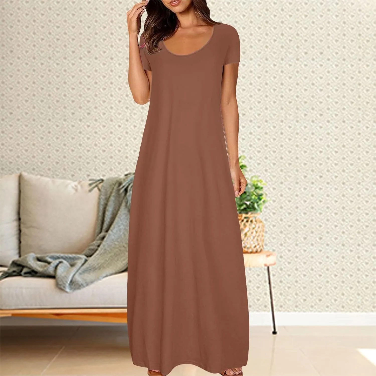Women Eyelet Boho Maxi Dress 2025 Vacation Short Sleeve Sundress Round Neck Summer Casual Beach Flowy Long Dress