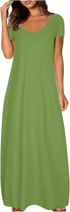 Women Eyelet Boho Maxi Dress 2025 Vacation Short Sleeve Sundress Round Neck Summer Casual Beach Flowy Long Dress