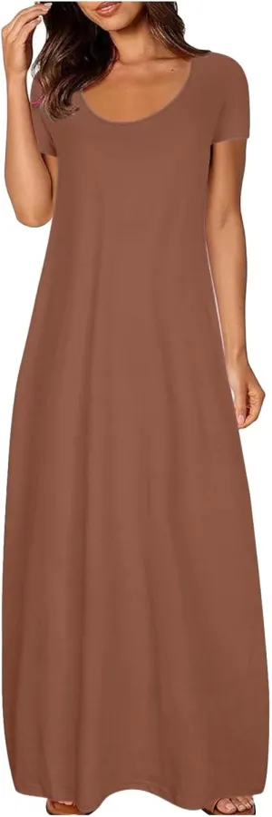 Women Eyelet Boho Maxi Dress 2025 Vacation Short Sleeve Sundress Round Neck Summer Casual Beach Flowy Long Dress