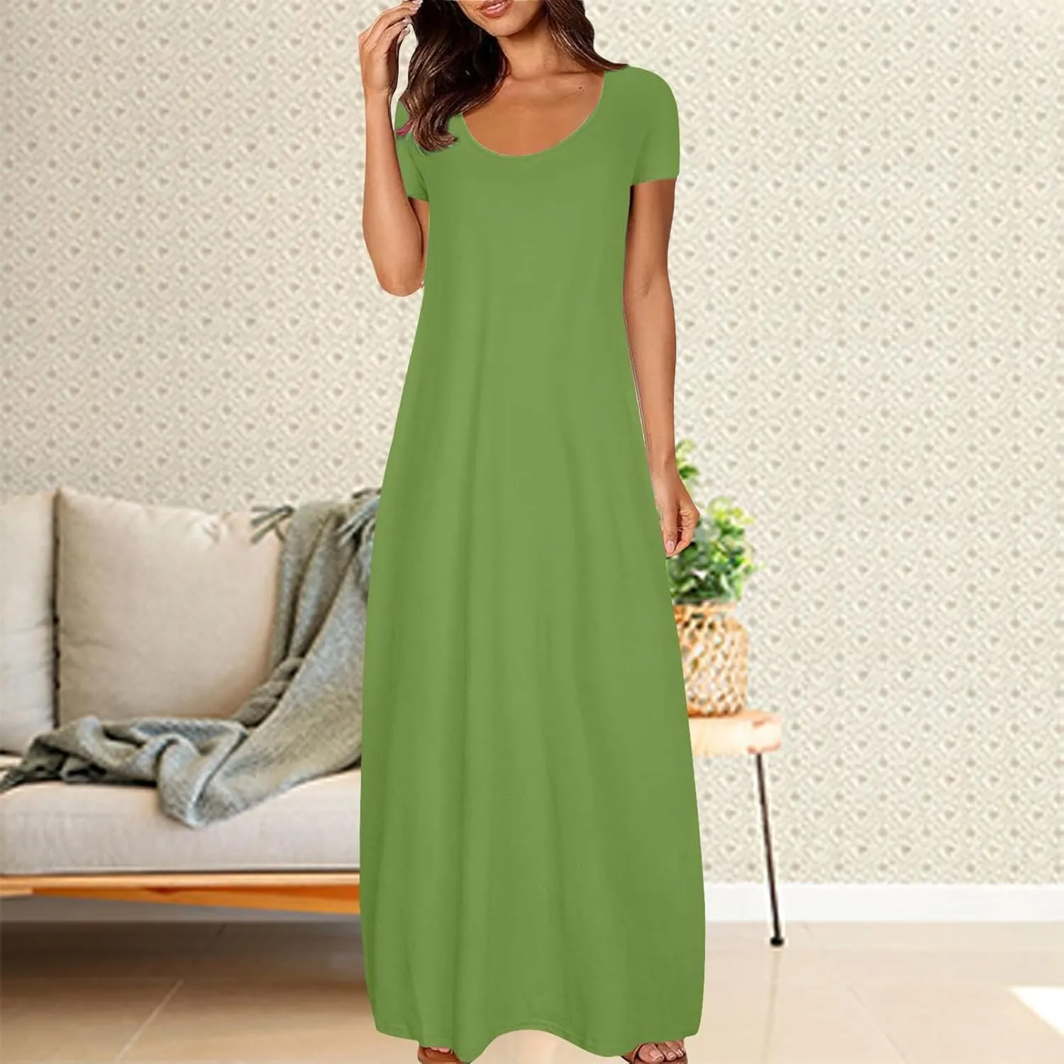 Women Eyelet Boho Maxi Dress 2025 Vacation Short Sleeve Sundress Round Neck Summer Casual Beach Flowy Long Dress